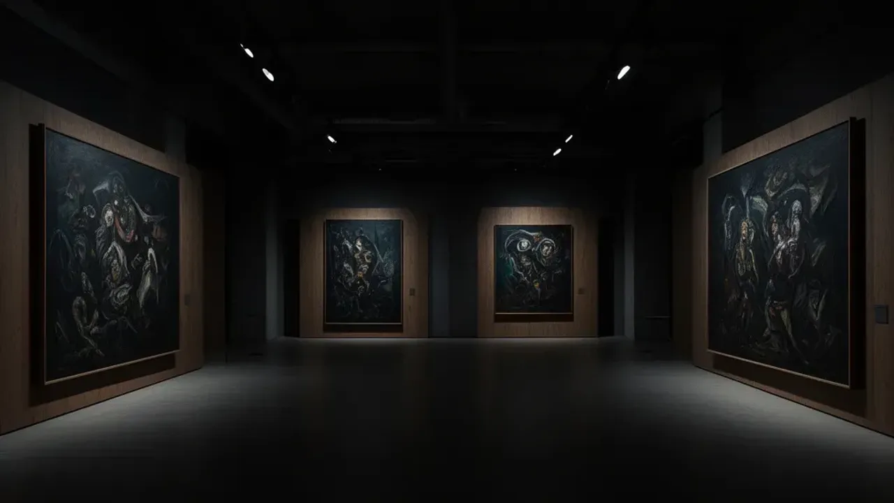 Beksiński wystawa Kraków: Przewodnik po aktualnych ekspozycjach 2025 Wnętrze galerii sztuki w Krakowie prezentujące mroczne obrazy, beksiński wystawa kraków.