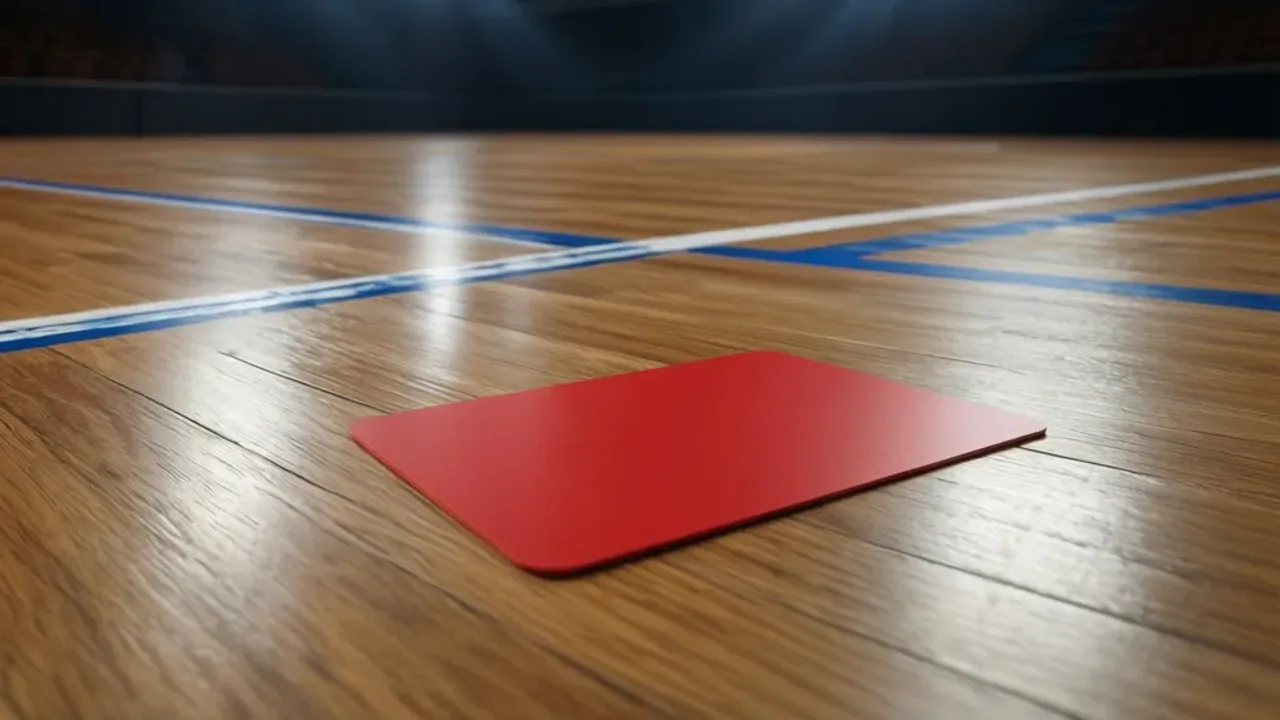 Czerwona kartka w piłce ręcznej: znaczenie i zasady kar w meczu Czerwona kartka w piłce ręcznej leżąca na parkiecie boiska sportowego.