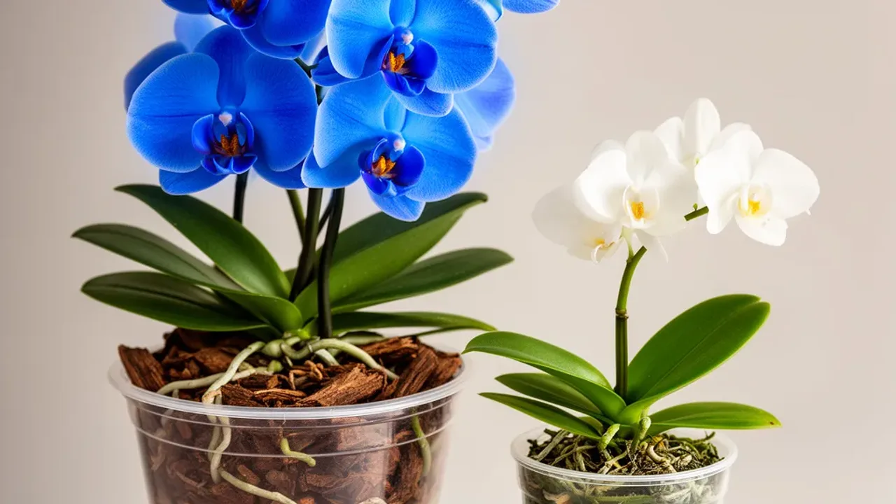 Czy niebieski storczyk zakwitnie ponownie na niebiesko? Pielęgnacja roślin Sztucznie barwiony storczyk Phalaenopsis z nowym białym pędem – czy niebieski storczyk zakwitnie ponownie na niebiesko?