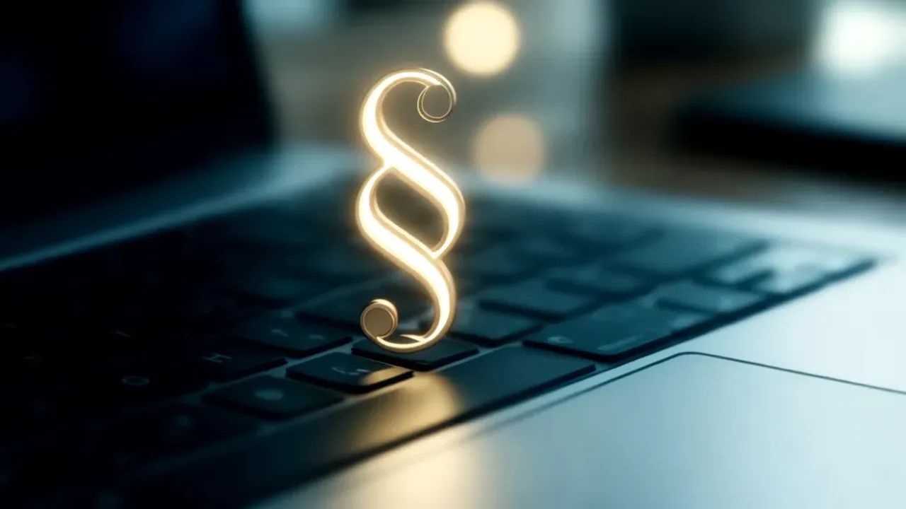 Jak zrobic paragraf na klawiaturze: jak wpisać symbol § i skróty Symbol paragrafu § unoszący się nad klawiaturą komputera, ilustrujący jak zrobic paragraf na klawiaturze w różnych systemach operacyjnych.
