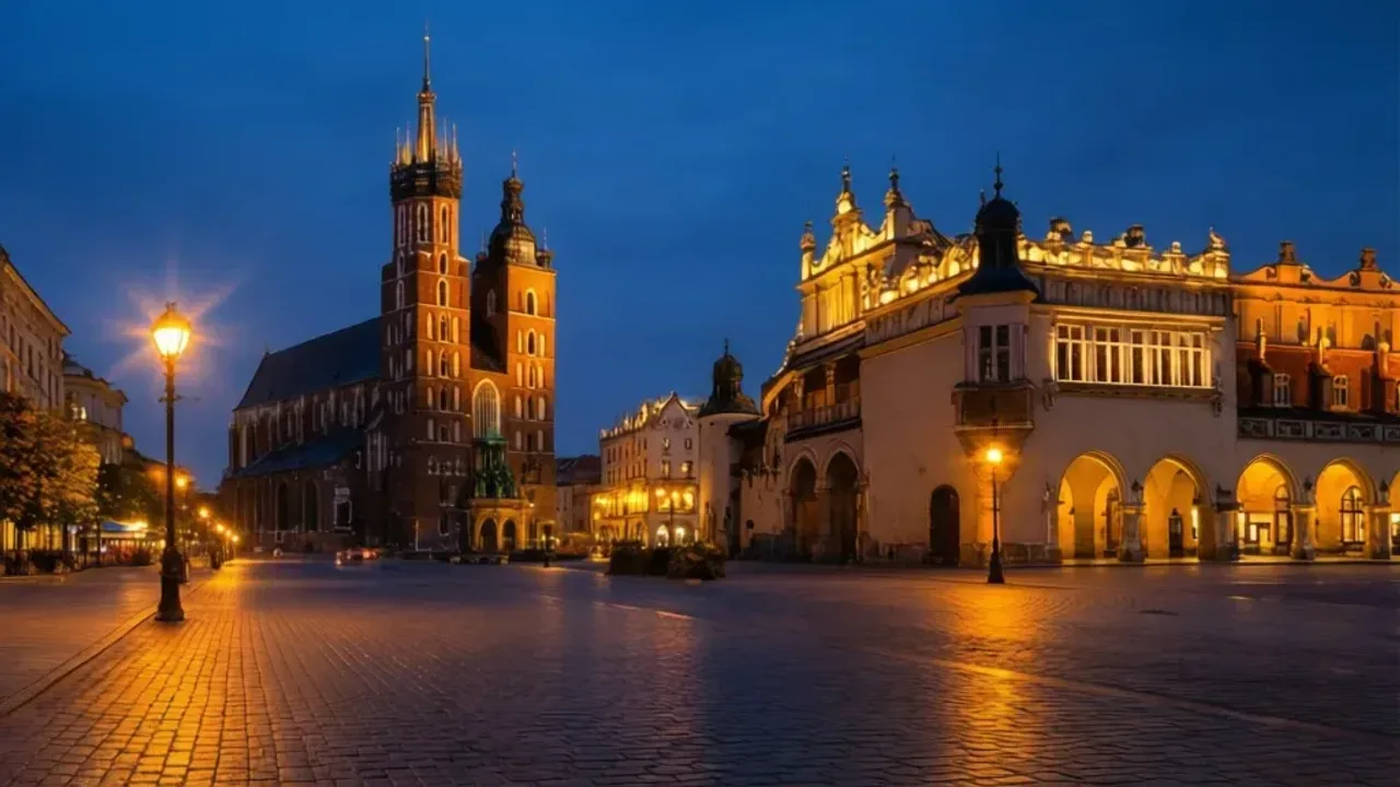 Kraków atrakcje dla dorosłych: warto odwiedzić te zabytki i miejsca Widok na oświetlony Rynek Główny w Krakowie jako kraków atrakcje dla dorosłych.