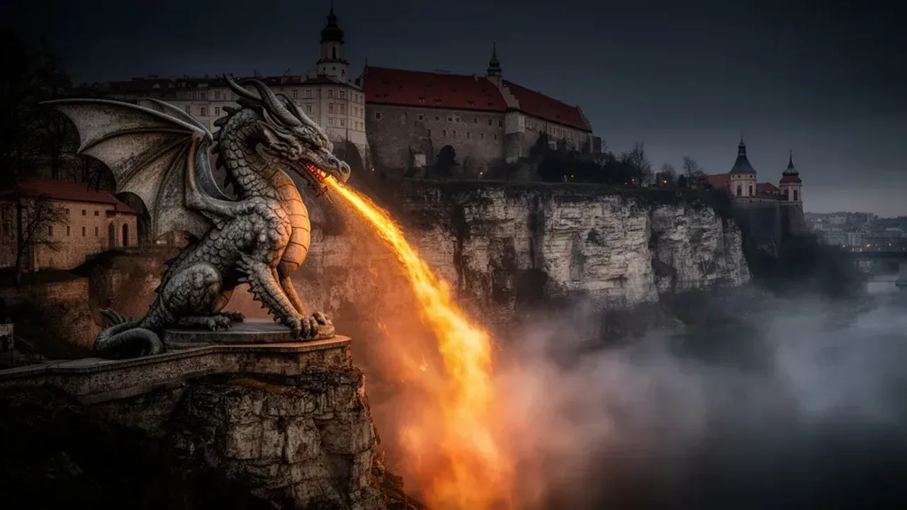 Smok wawelski legenda: poznaj historię i zwiedź Smoczą Jamę Kamienna rzeźba smoczego potwora u stóp Wawelu, ilustrująca popularną frazę smok wawelski legenda w Krakowie.