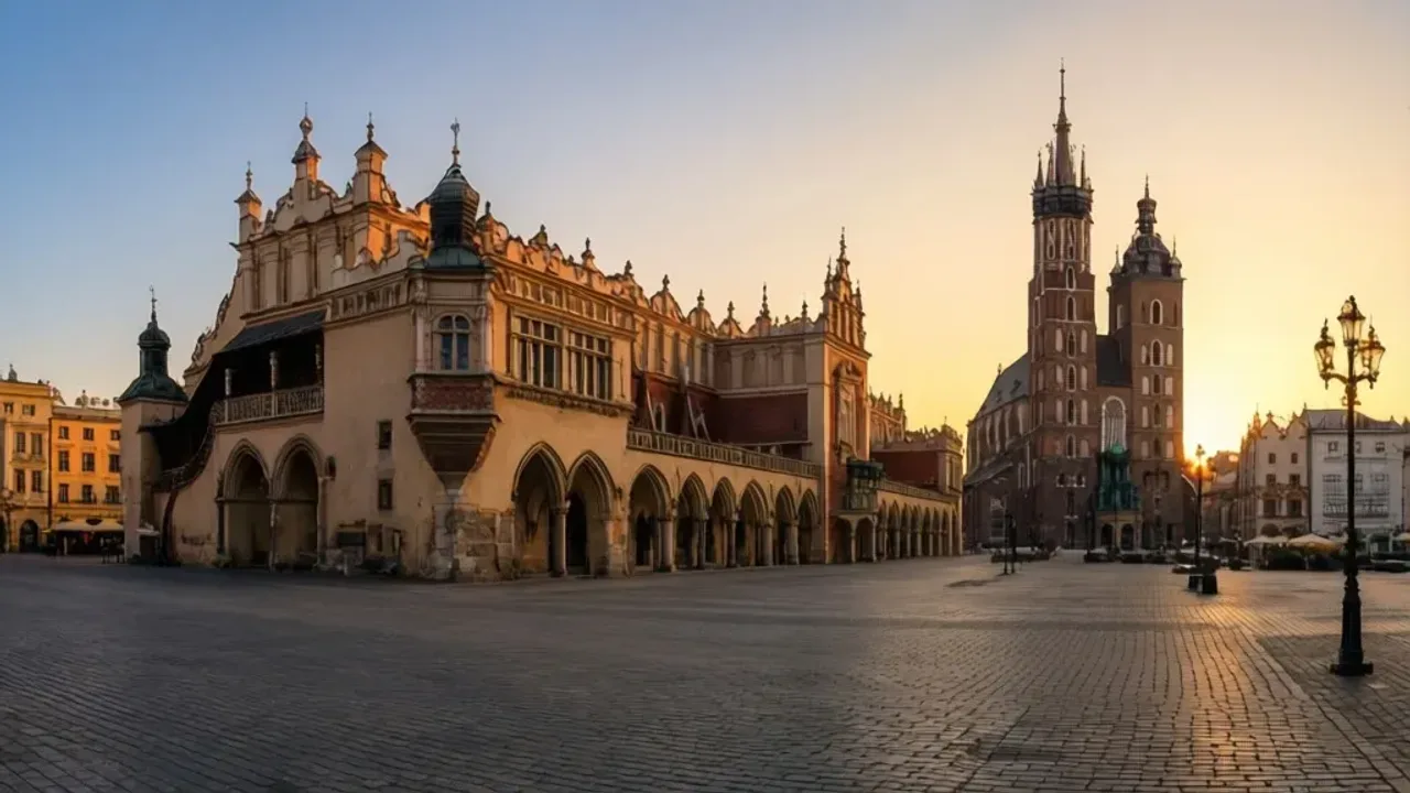 Stare miasto w Krakowie: przewodnik po UNESCO, Wawelu i Rynku w Krakowie Widok na Rynek Główny i bazylikę Mariacką w słoneczne popołudnie, stare miasto w Krakowie.